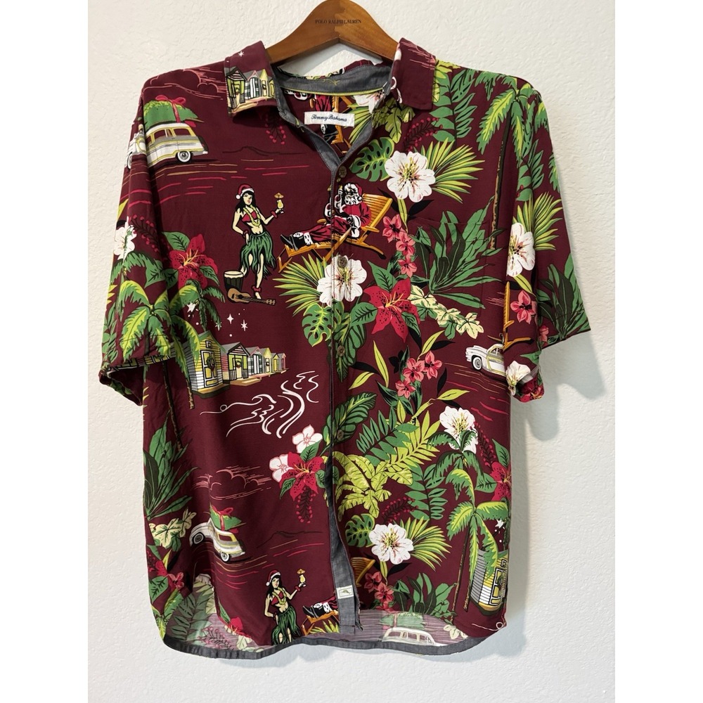 Tommy Bahama Happy Huladays Rayon Hawaiian Shirt Men L Santa Christmas Aloha